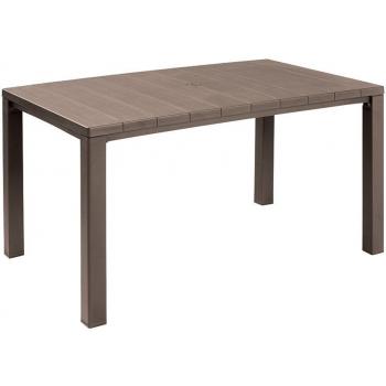 Venkovní plastový stůl ve vzhledu dřeva světle hnědý (cappuccino), obdélník, pro 6 osob, 147x90 cm