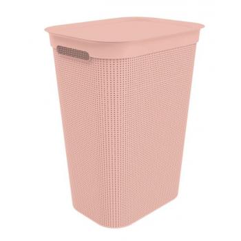 Vysoký plastový koš na prádlo s víkem, do koupelny / ložnice, růžový, 43x34x53 cm
