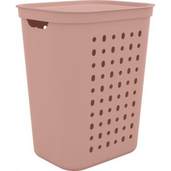 Růžový koš na špinavé prádlo vysoký s víkem, plast, 43x36x53 cm