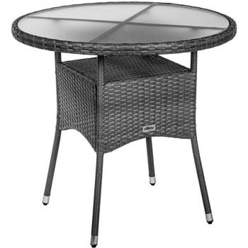 Šedý venkovní stůl kulatý 80 šedý se skleněnou deskou na balkon / terasu, 80x80x75 cm