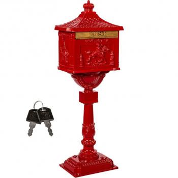 Starožitná retro poštovní schránka před dům sloupová se stojanem, kov, červená, 118 cm