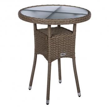 Malý kulatý venkovní stolek umělý ratan / sklo, krémově hnědý, průměr 60 cm