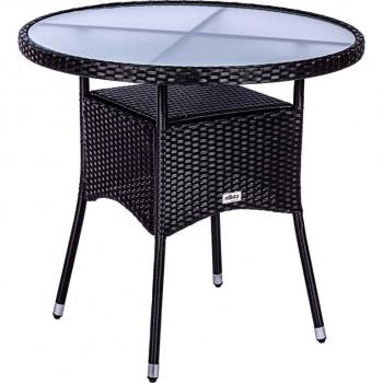 Balkonový stolek ratan sklo malý kulatý černý, průměr 80 cm