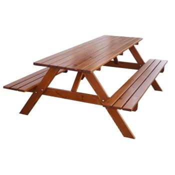 Dřevěný set nábytku masiv stůl spojený se 2 lavicemi, lak kaštan, 220 cm
