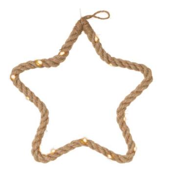 Vánoční dekorace hvězda z lana s LED osvětlením na baterie k zavěšení do okna / nad dveře, 26 cm