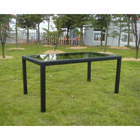 Venkovní stůl z umělého ratanu, horní deska- čiré sklo, černý, 150x90 cm