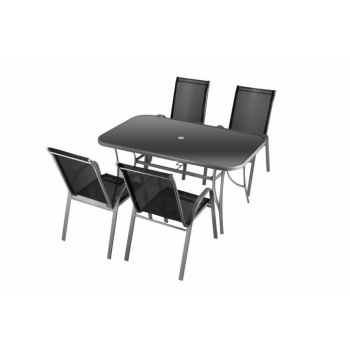 Set kovového zahradního nábytku pro 4 osoby, stohovatelné židle, černá / šedá