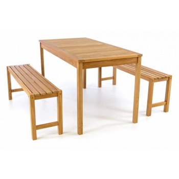 Dřevěný zahradní nábytek, 2x lavice + stůl, masivní teak, 135 cm