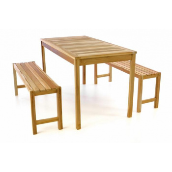 Zahradní dřevěný set, 2x lavice + stůl, nelakovaný teak, 135 cm