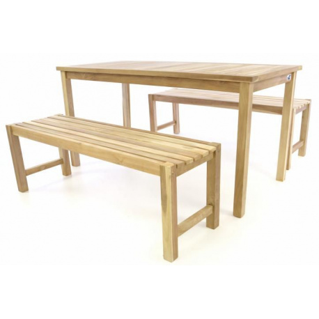 Zahradní dřevěný set nábytku, stůl se 2 lavicemi, nelakovaný teak, 150 cm