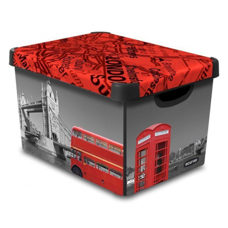 Designový úložný plastový box do bytu, potisk Londýn, stohovatelný, 39,5x29,5x25 cm