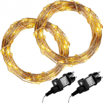 2x vánoční světelný světelný kabel - drátek venkovní + vnitřní, teple bílý, 100 LED, 10 m