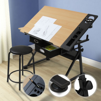 Nakláněcí pracovní / psací / kreslící stůl se stoličkou, 2x zásuvka, úložné prostory, světlé dřevo / černá