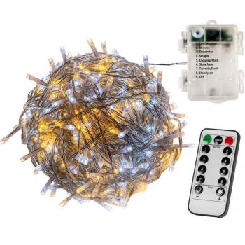 Venkovní světelný řetěz vánoční na baterie, tepl. / stud. bílá, blikající efekty, DO, průhledný kabel, 10 m