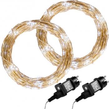 2x vánoční světelný světelný kabel - drátek venkovní + vnitřní, studeně bílý, 200 LED, 20 m