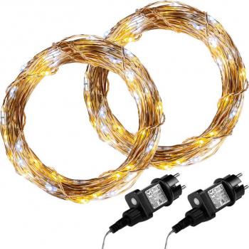 2x vánoční světelný světelný kabel - drátek venkovní + vnitřní, teple / studeně bílý, 100 LED, 10 m