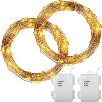 2x bateriový dekorační světelný řetěz s mini LED diodami na drátku, teple bílý, časovač, 20 m