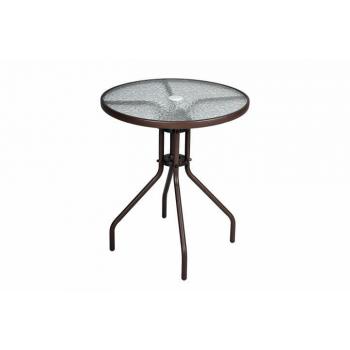 Venkovní kovový stolek se skleněnou deskou, kulatý, hnědý, průměr 60 cm