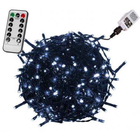 Světelný řetěz na dálkové ovládání venkovní / vnitřní, 8 funkcí, studeně bílá, zelený kabel, 10 m