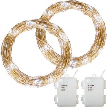 2x mini vánoční dekorativní řetěz s LED diodami na baterie, venkovní + vnitřní, studeně bílý, 10 m