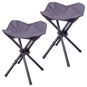 2 ks malá lehká kempinková židlička - trojnožka, ocel / umělá textilie, šedá