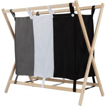 Skádací textilní koš na prádlo s dřevěným rámem, šedá / bílá / černá, 75x40x72 cm