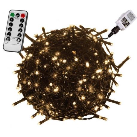 Světelný řetěz na dálkové ovládání venkovní / vnitřní, 8 funkcí, teple bílá, zelený kabel, 20 m