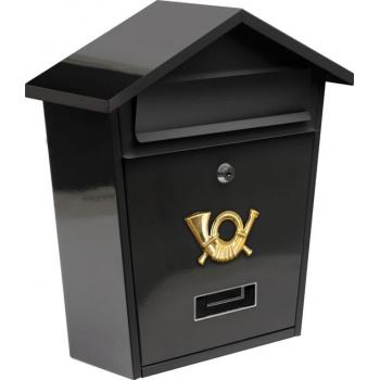 Nástěnná poštovní schránka se stříškou, uzamykatelná, jmenovka, černá, 38x32x10,5cm