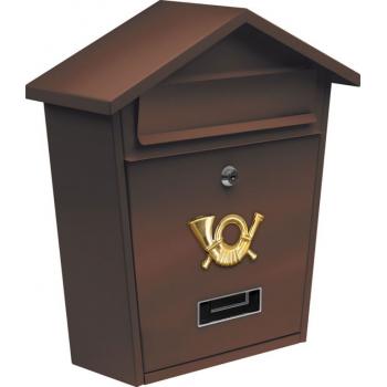 Nástěnná poštovní schránka se stříškou, uzamykatelná, jmenovka, hnědá, 38x32x10,5cm