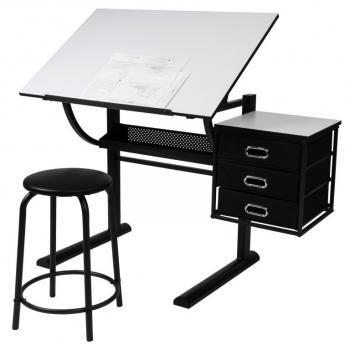 Levný naklápěcí pracovní stůl do kanceláře + stolička + šuplíky, černý, 90x75,5x60 cm