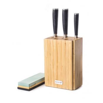 Kvalitní luxusní sada 3 nožů s dřevěným bambusovým držákem + brusný kámen