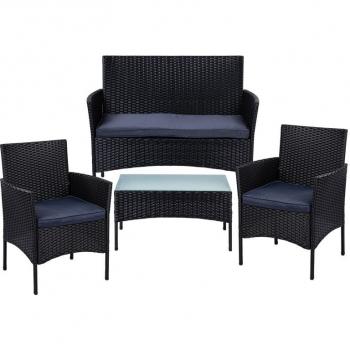 Set ratanového terasového nábytku pro 4 osoby, pohovka + 2 křesla + nízký stolek, černý