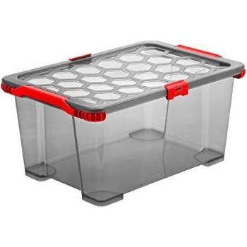 Kvalitní poloprůhledný úložný box s víkem velký, kouřová / červená, 44 L