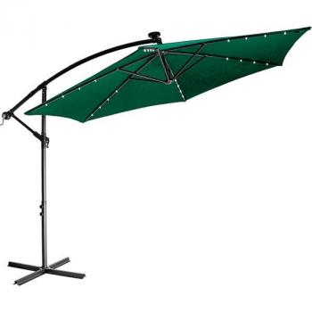 Velký boční slunečník na zahradu / terasu, nastavitelný úhel stínění, solární led osvětlení, klika, zelený, 3,5 m