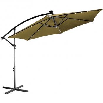 Velký boční slunečník na zahradu / terasu, nastavitelný úhel stínění, solární led osvětlení, klika, khaki, 3,5 m