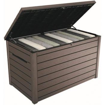 Velký venkovní úložný box na terasu / balkon, tmavě hnědý plast- vzhled dřeva, 850 L, 147x86x83 cm