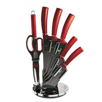 Luxusní dárková sada kuchyňských nožů + ocílka + nůžky, se stojanem, červená / černá