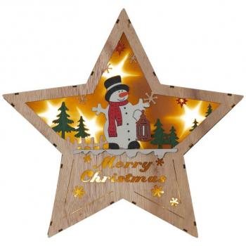 Dřevěná svítící hvězda 3D k postavení vyřezávaná- obrázek sněhulák, do bytu, na baterie, 30 cm