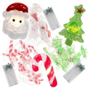 3x vánoční světelný dekorativní led řetěz na baterie teple bílý stromeček + Santa + cukrová hůl, 20 led, 1,9 m