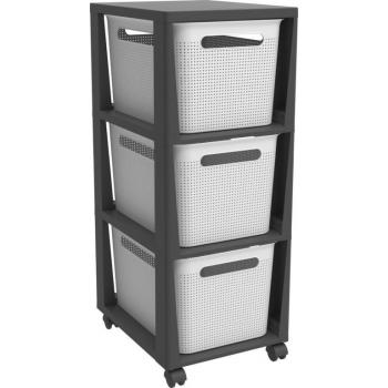 Plastový regál s úložnými boxy na kolečkách do kanceláře, 3x16 L, antracit / bílá, 29,6x36,6x77 cm