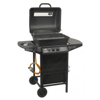 Plynový zahradní gril menší s kolečky, hlavní + boční hořáky, černý, 98x51x102 cm