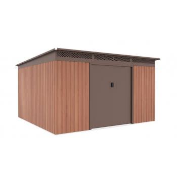 Plechová zahradní garáž na kola / sekačku / nářadí, plochá střecha, hnědý, 340x333x191 cm