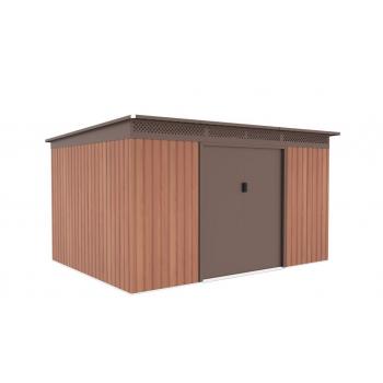 Plechová zahradní garáž na kola / sekačku / nářadí, plochá střecha, hnědý, 340x269x189 cm