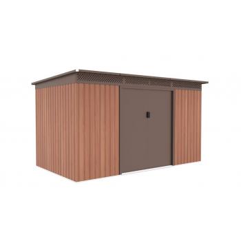 Plechová zahradní garáž na kola / sekačku / nářadí, plochá střecha, hnědý, 340x206x186 cm