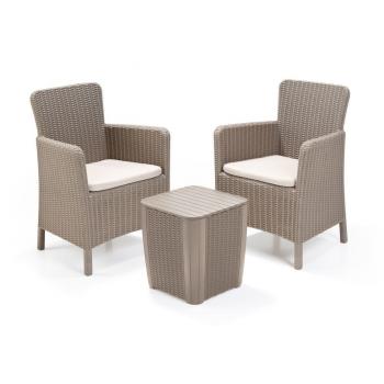 Balknový nábytek umělý ratan set pro 2 osoby, 2x křeslo + stolek s úložným prostorem, cappuccino