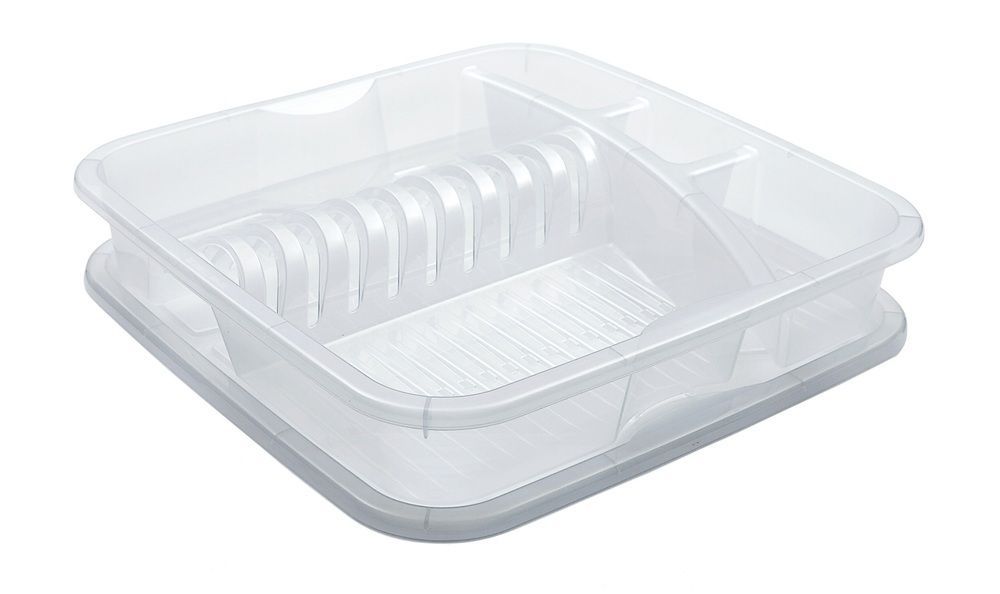 Plastový odkapávač na nádobí plast průhledný, s podnosem, 39,5x39,5 cm