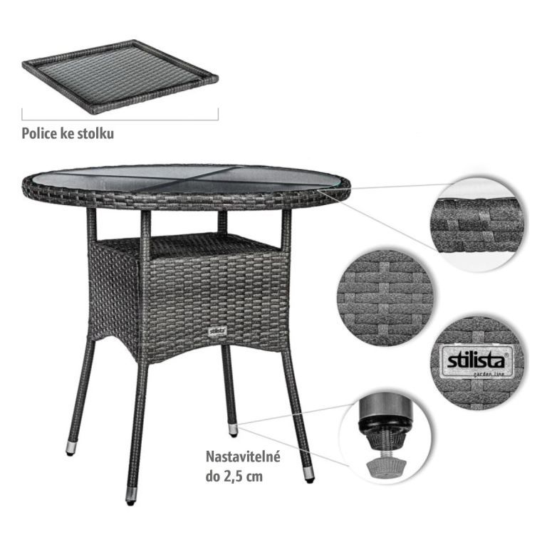 Venkovní stolek umělý ratan + sklo kulatý na zahradu / balkon / terasu, krémově hnědý, průměr 80 cm