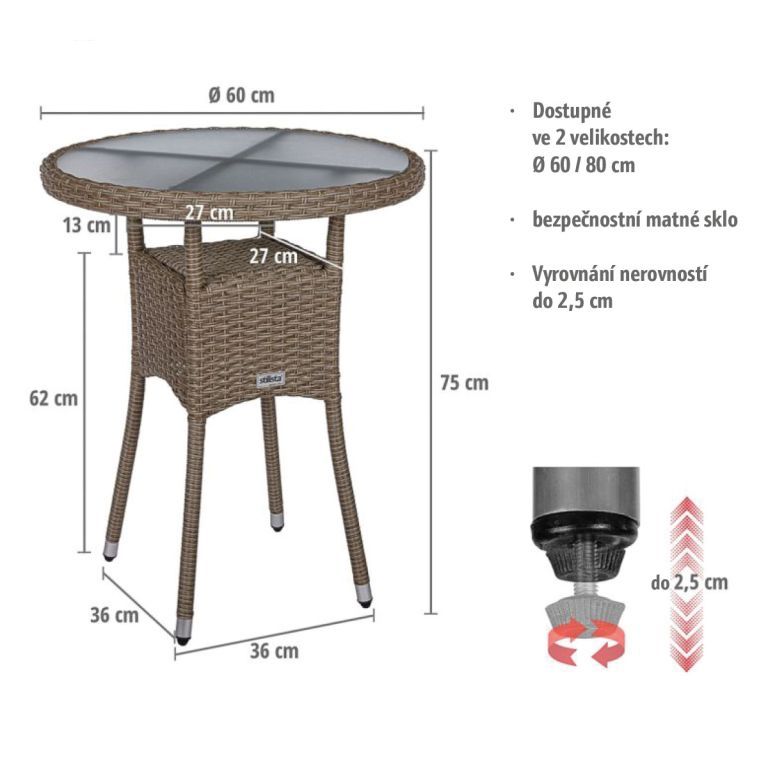 Malý venkovní stolek umělý ratan 60 kulatý šedý, skleněná deska, 60x60x75 cm