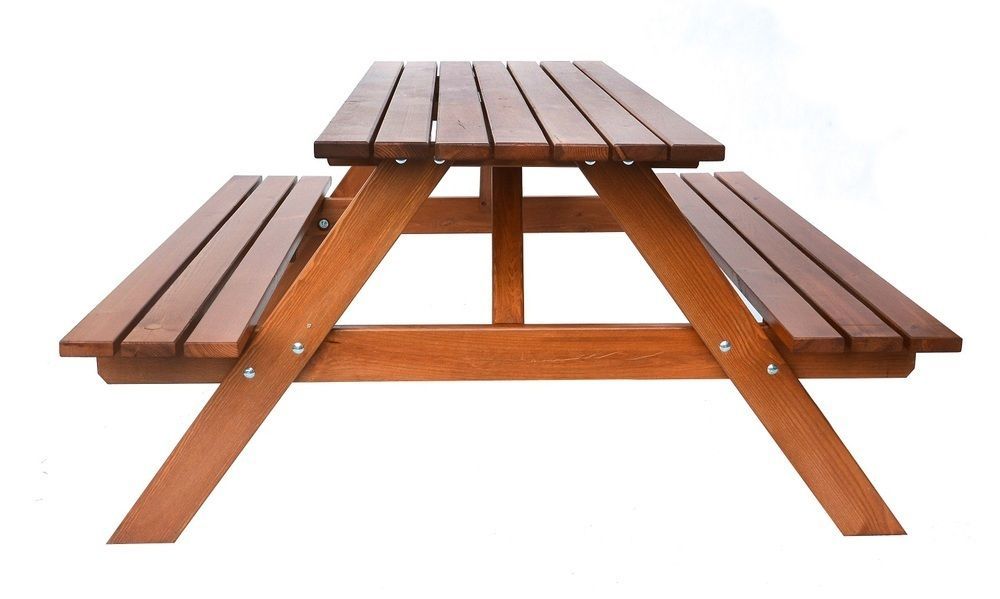 Dřevěný set nábytku masiv stůl spojený se 2 lavicemi, lak kaštan, 220 cm