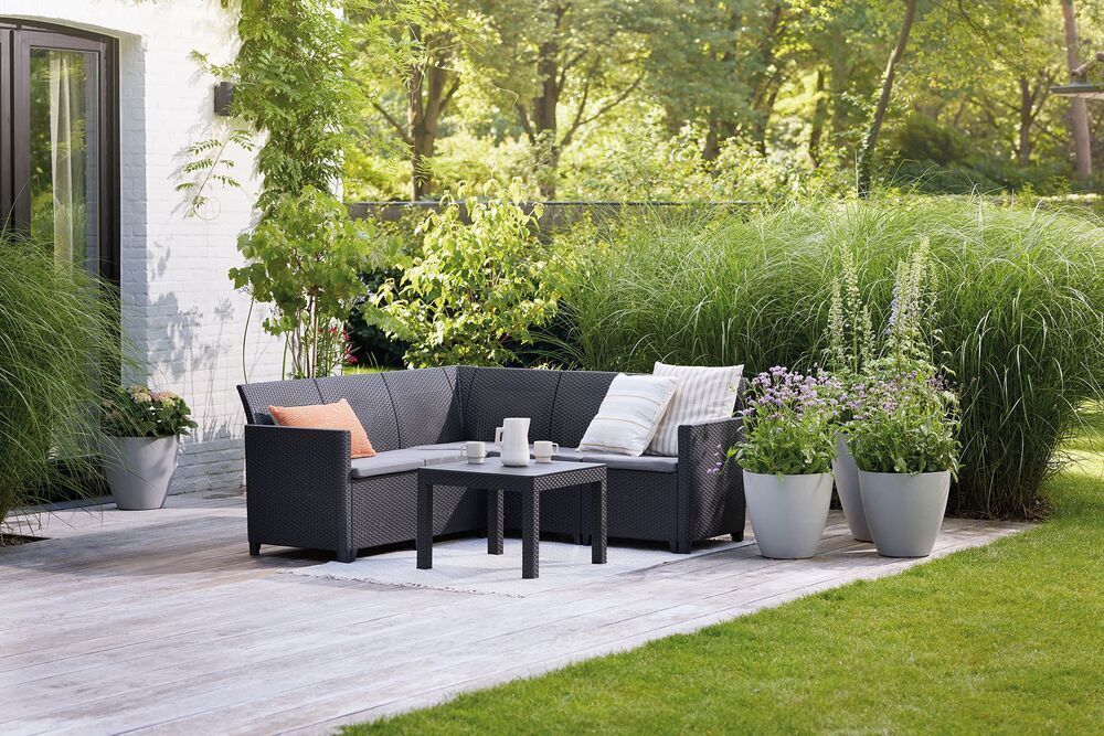 Zahradní ratanový set - rohová lavice s nízkým stolkem, umělý ratan, grafit (tmavě šedá)